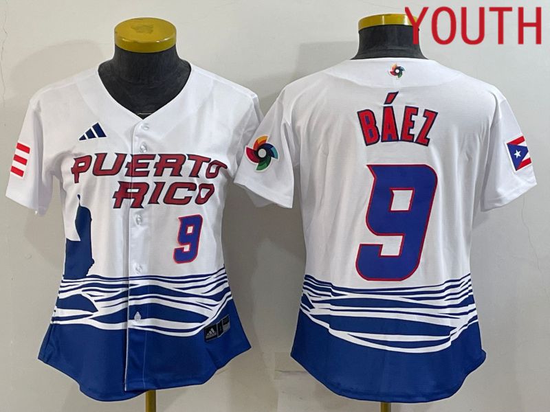Youth 2023 World Cub Puerto Rico #9 Baez White MLB Jersey4->youth mlb jersey->Youth Jersey